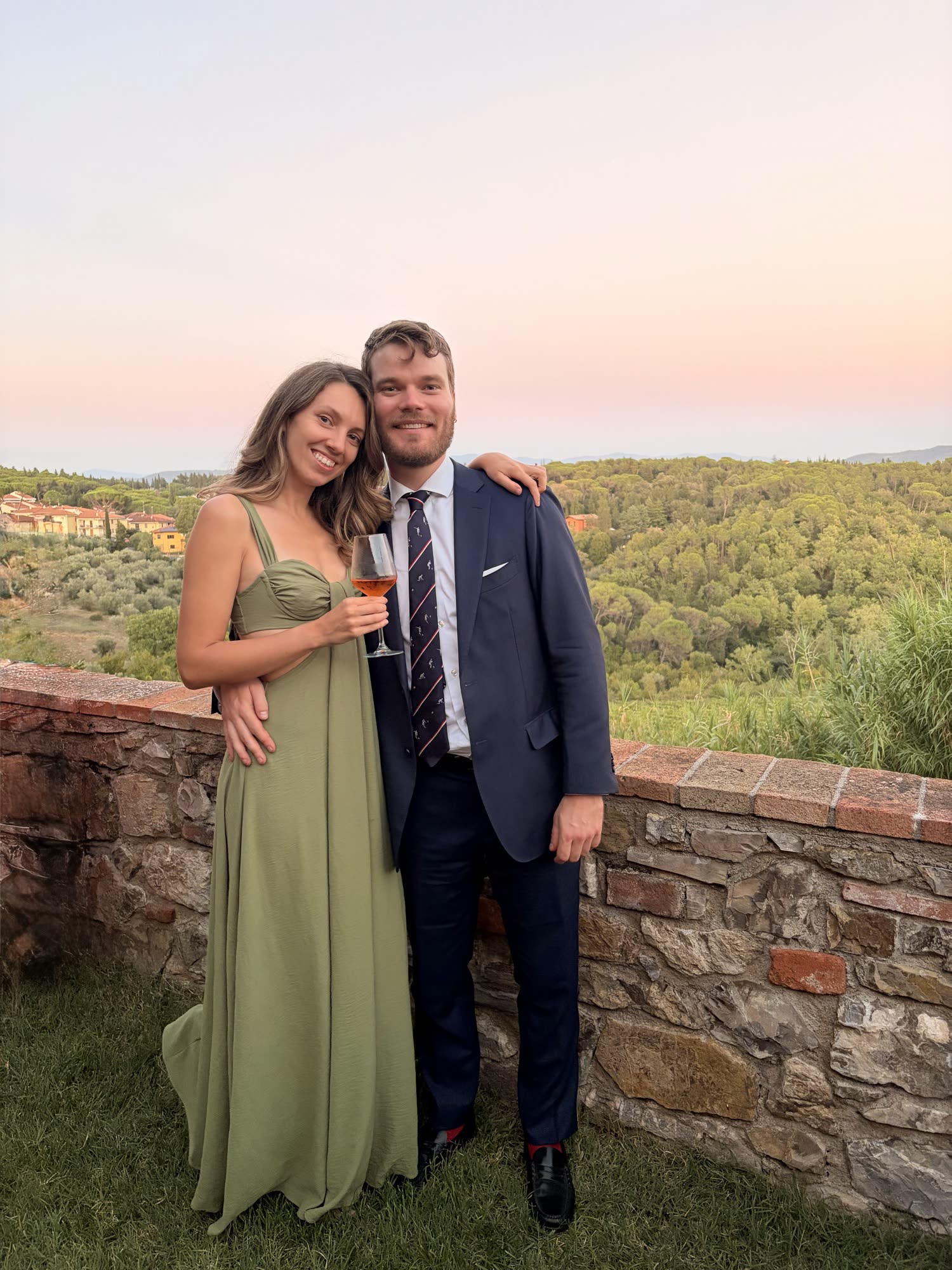 Valentine and Vincent at sunset in the Italian hills